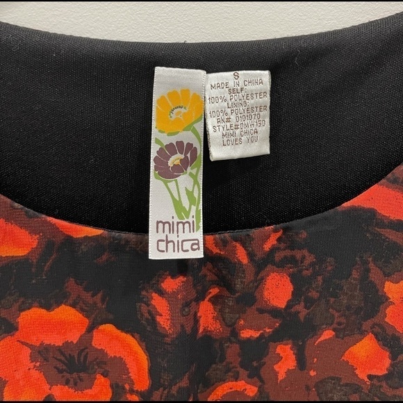 Mimi Chica Long Sheer Sleeve Floral Tie Waist Mini Dress Fit & Flare Red Black - Picture 2 of 5